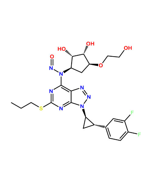 Ticagrelor Impurity, Impurity of Ticagrelor, Ticagrelor Impurities, NA, N-(3-((1R,2S)-2-(3,4-difluorophenyl)cyclopropyl)-5-(propylthio)-3H-[1,2,3]triazolo [4 ,5-d]pyrimidin-7-yl)-N-((1R,2S,3S,4S)-2,3-dihydroxy -4-(2-hydroxy ethoxy)cyclopentyl)nitrous amide